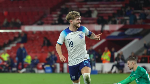 Harvey Elliott pictured celebrating after scoring the 10th goal of the game in England's 9-1 win over Serbia in an Under-21 international in October 2023